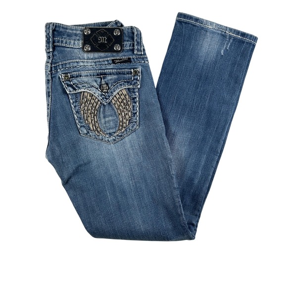 Miss Me Jeans Womens 28 Straight Leg Embellished Flap Pockets Y2K Angel Wings - Picture 1 of 16